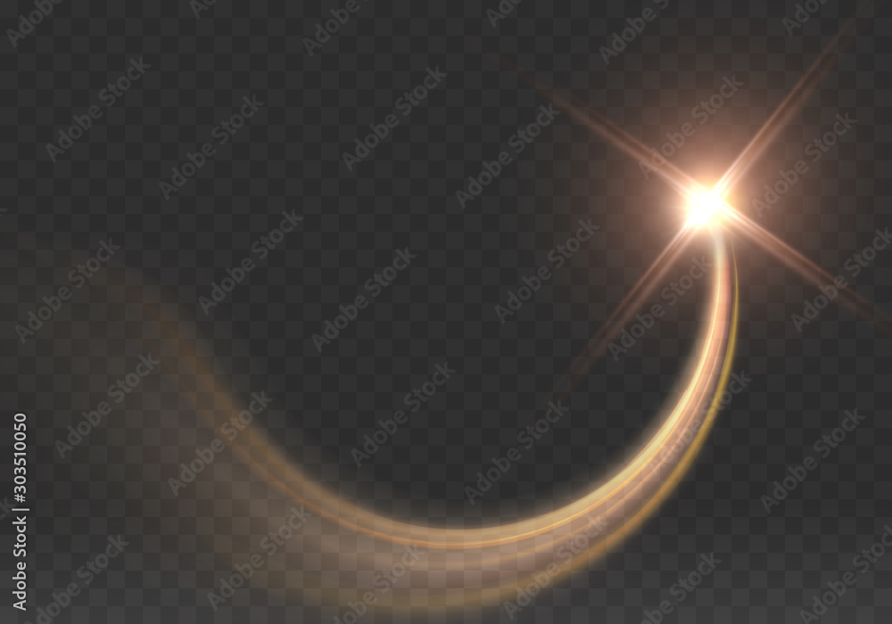 Gold star isolated on transparent background. Light glow effect sparkles wave. Vector golden sparkling comet tail. - obrazy, fototapety, plakaty 