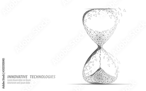 Hourglass 3D low poly dark time of life concept. Deadline present future and past hours gone. Time stream flow value. Creative opportunity ideas schedule vector illustration