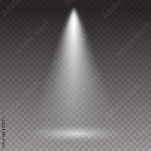 Projector light effect isolated on transparent background. Vector glow stage spotlight. Shine spot beam template.
