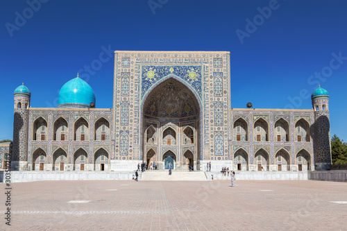 View of Registan square in Samarkand - the main square with Ulugbek madrasah. Uzbekistan