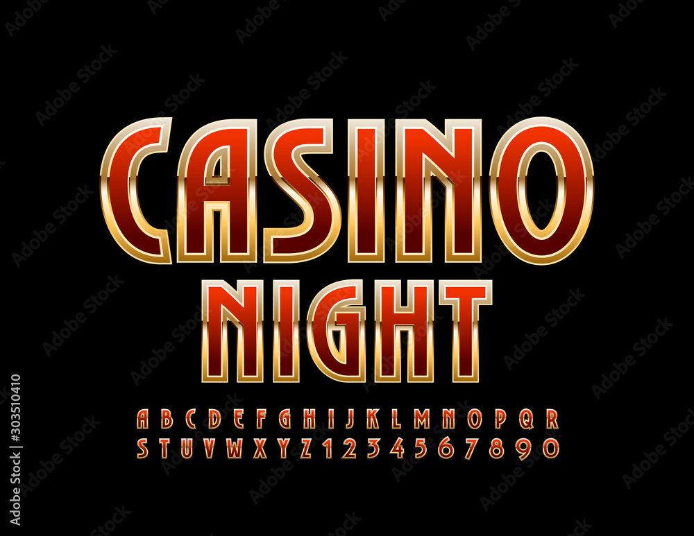 Fototapeta premium Vector stylish flyer Casino Night. Elegant chic Font. Red and Gold Alphabet Letters and Numbers set