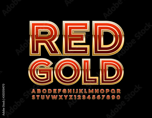 Vector Red Gold Alphabet Letters, Numbers and Symbols. Luxury Elegant Font.