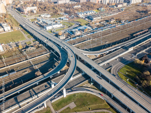 Moscow, traffic intersection. Northeast Chord and Khovrinsky overpass, top view