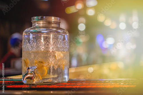 Bank with lemonade on the bar.