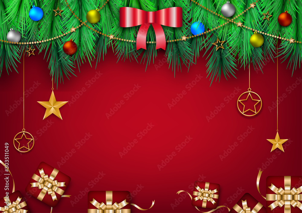 Red Chrismas background with border of pine tree, gift boxes, gold stars, ribbons, decorative ball.Merry Christmas and happy new year concept vector art, illustration.