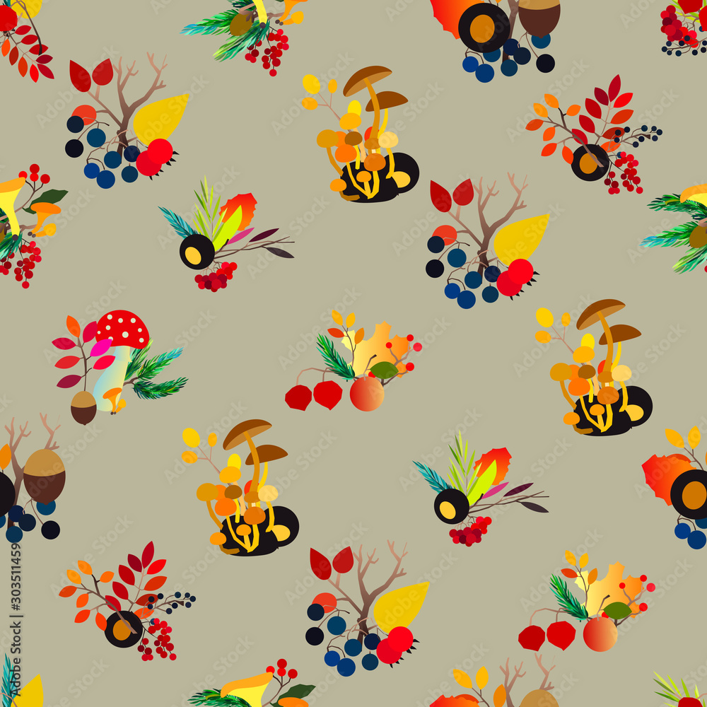 Autumn seamless pattern with berries, acorns, pine cone, mushrooms, branches and leaves.