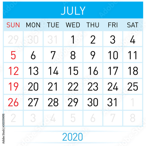 July Planner Calendar. Illustration of Calendar in Simple and Clean Table Style for Template Design on White Background. Week Starts on Sunday