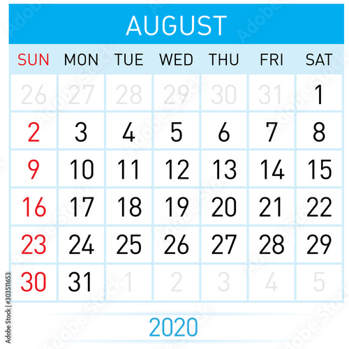 August Planner Calendar. Illustration of Calendar in Simple and Clean Table Style for Template Design on White Background. Week Starts on Sunday