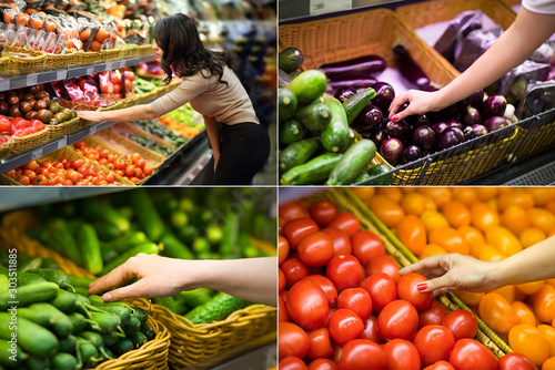 Collage of women choosing a dairy products at supermarket. Reading product information