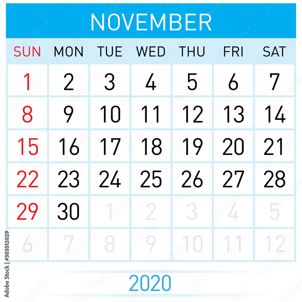 Obraz premium November Planner Calendar. Illustration of Calendar in Simple and Clean Table Style for Template Design on White Background. Week Starts on Sunday