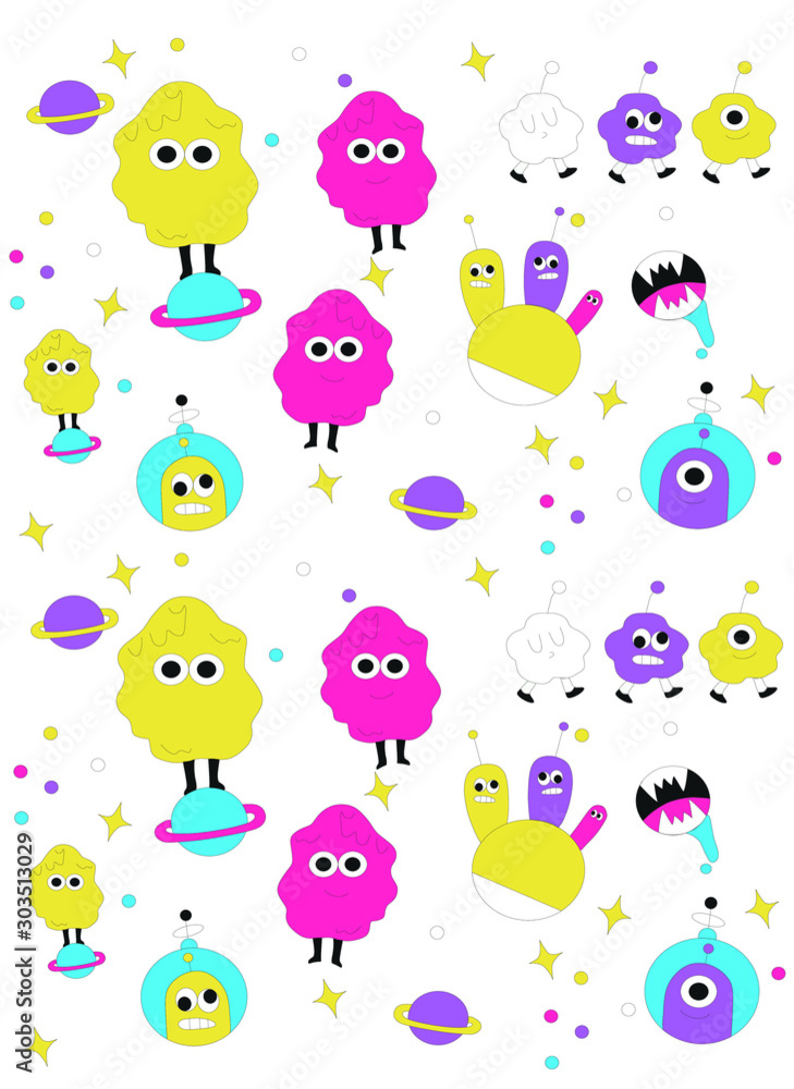 Fototapeta premium children's cartoon pattern with colored space monsters on a white background