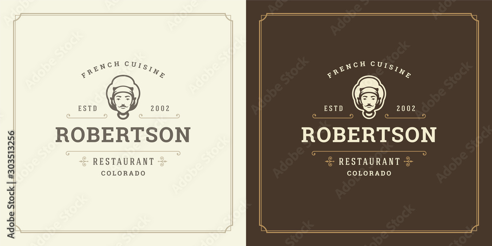 Fototapeta premium Restaurant logo template vector illustration chef man face in hat silhouette