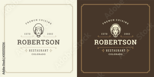 Restaurant logo template vector illustration chef man face in hat silhouette