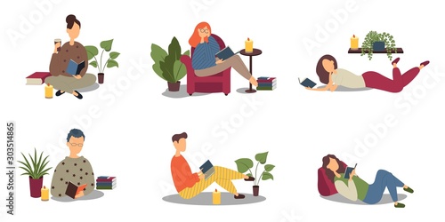 Fototapeta Naklejka Na Ścianę i Meble -  Collection of people reading or students studying and preparing for examination. Set of book lovers, readers, modern literature fans isolated on white background. Flat cartoon vector illustration.