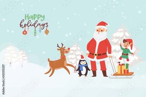 Merry Christmas and Happy New Year vector illustration. Santa Claus and christmas cute animals character. Happy reindeer  penguin  elf with sleges full of gifts boxes in snow scene.