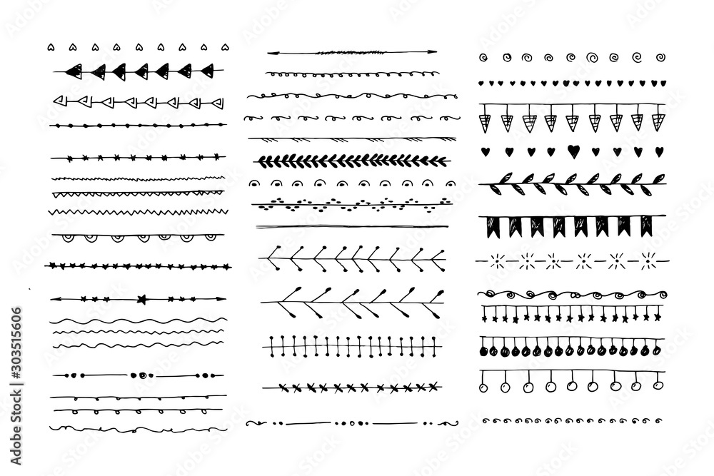 Plakat Ręcznie rysowane czarne doodle granic linii. Elementy dekoracyjne naszkicowane na białym tle