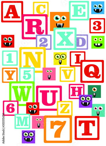 kids alphabet prints with square colored monsters  pattern
