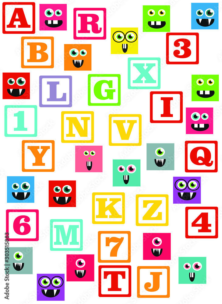 kids alphabet prints with square colored monsters, pattern kids alphabet prints with square colored monsters, pattern