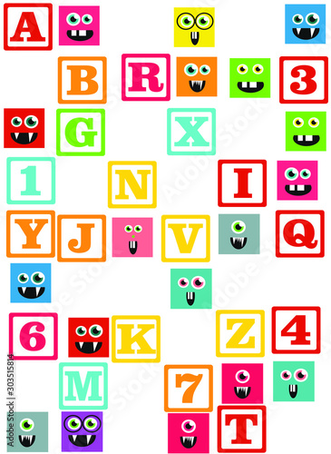 kids alphabet prints with square colored monsters  pattern