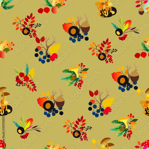 Autumn seamless pattern with berries, acorns, pine cone, mushrooms, branches and leaves. © lolya1988