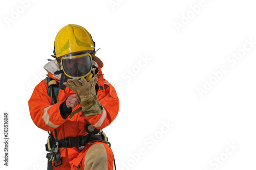 Firefighters in uniform and full-length body helmets