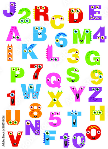 children's alphabet pattern with letters and numbers of monsters