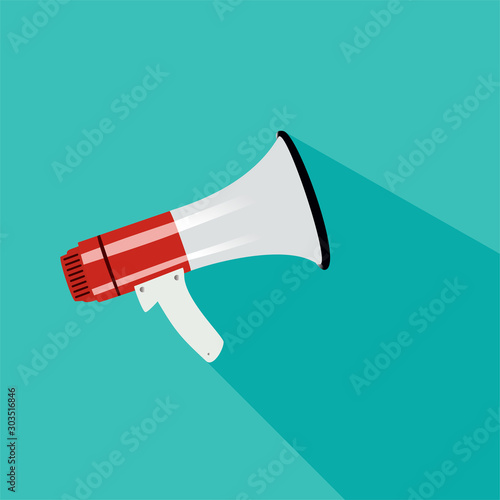 Megaphone icon in flat style on turquoise background.