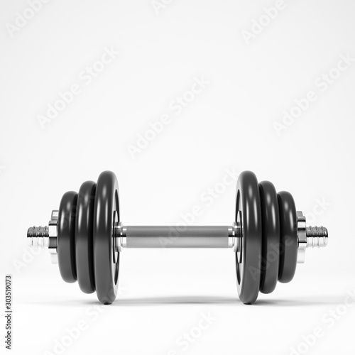 Heavy black professional dumbbell for fitness and bodybuilding. Front view with white background.