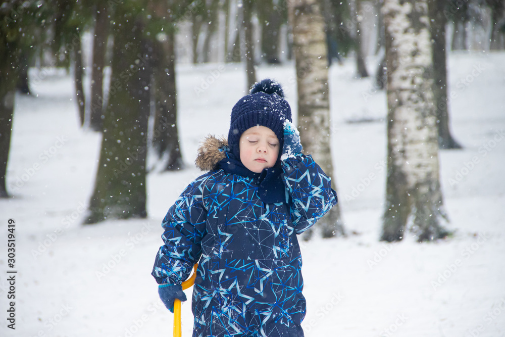 Little boy on a walk in the Park in winter. Winter park. A boy in winter overalls. Snow in the Park .