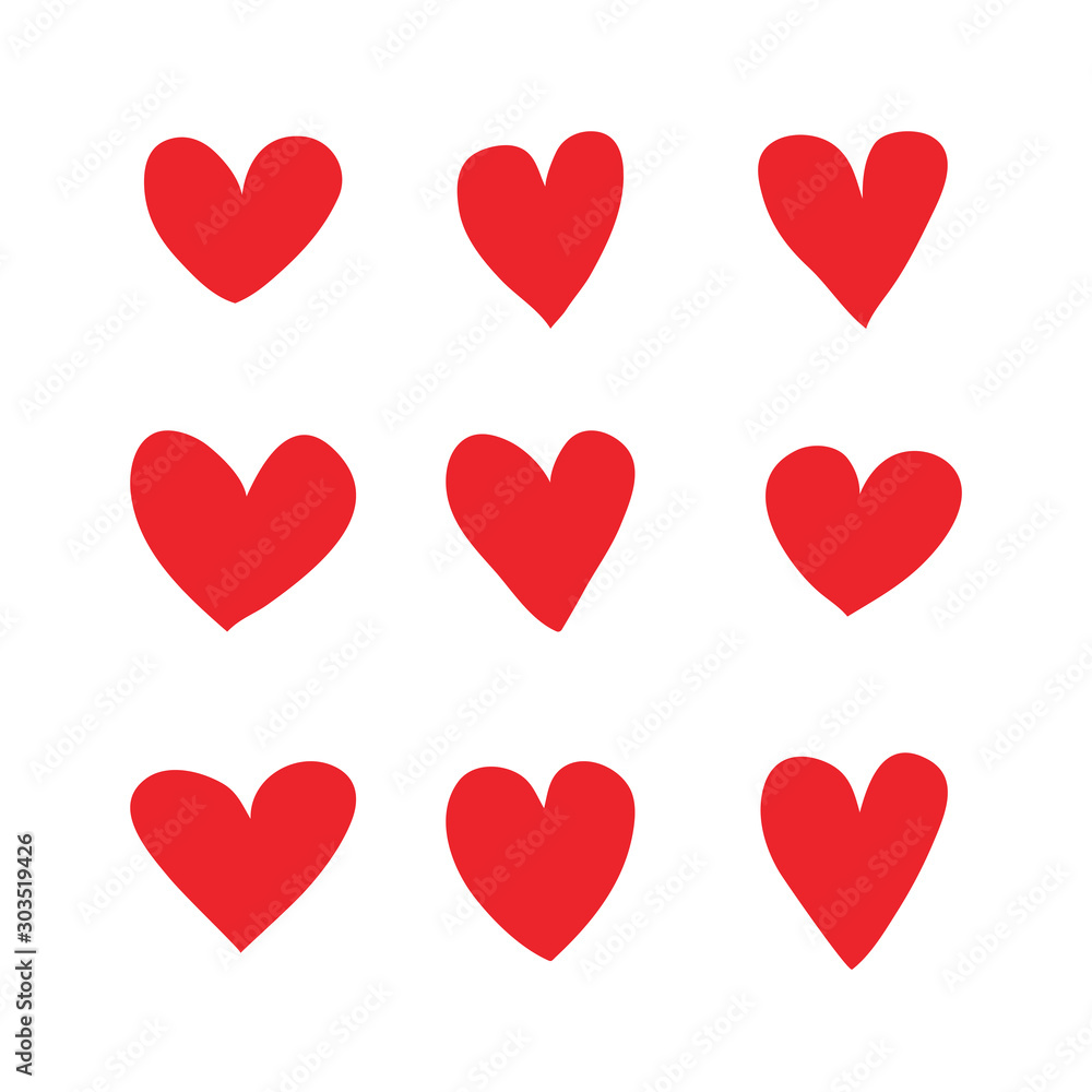 Red Heart hand drawn icons vector set isolated on white background. For Valentine's day, banners, posters and wallpaper. Collection of hearts for creative art. Hearts of love.