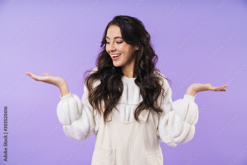 Brunette woman showing copyspace. Brunette woman showing copyspace.