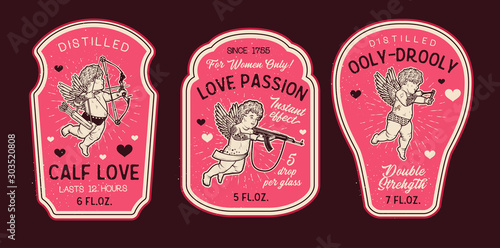 Set of romantic bottle labels for happy valentine s day with cupids. Love potions. Valentine s Day.