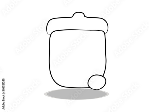 Trash can icon on white background, flat design, hand drawing. Illustration of container, contour of symbol black