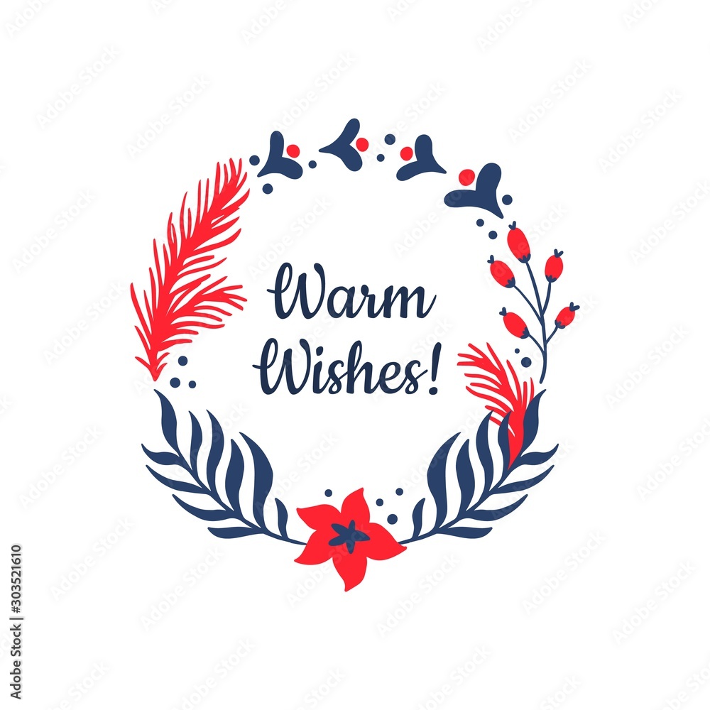 Hand-drawn banner with branches, cones, fir and text Warm Wishes. Vector illustration on Christmas theme. Great for postcard, invitation, banner, print, email or ads.