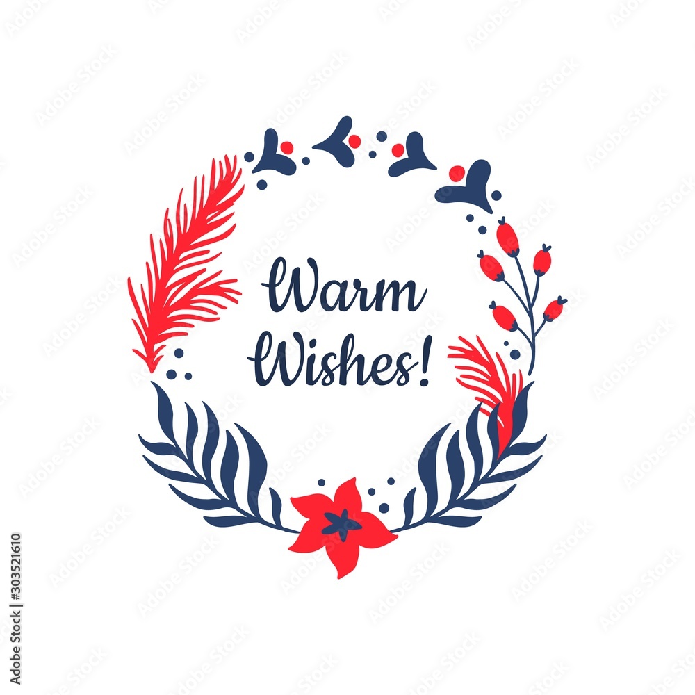 Hand-drawn banner with branches, cones, fir and text Warm Wishes. Vector illustration on Christmas theme. Great for postcard, invitation, banner, print, email or ads. Hand-drawn banner with branches, cones, fir and text Warm Wishes. Vector illustration on Christmas theme. Great for postcard, invitation, banner, print, email or ads.