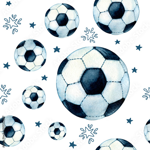 Seamless pattern with flying soccer balls and stars isolated on white background. Hand drawn watercolor illustration for the design of a sports concept, packaging, wrapper, fabric, wallpaper, wall. © Наталья Матюшина