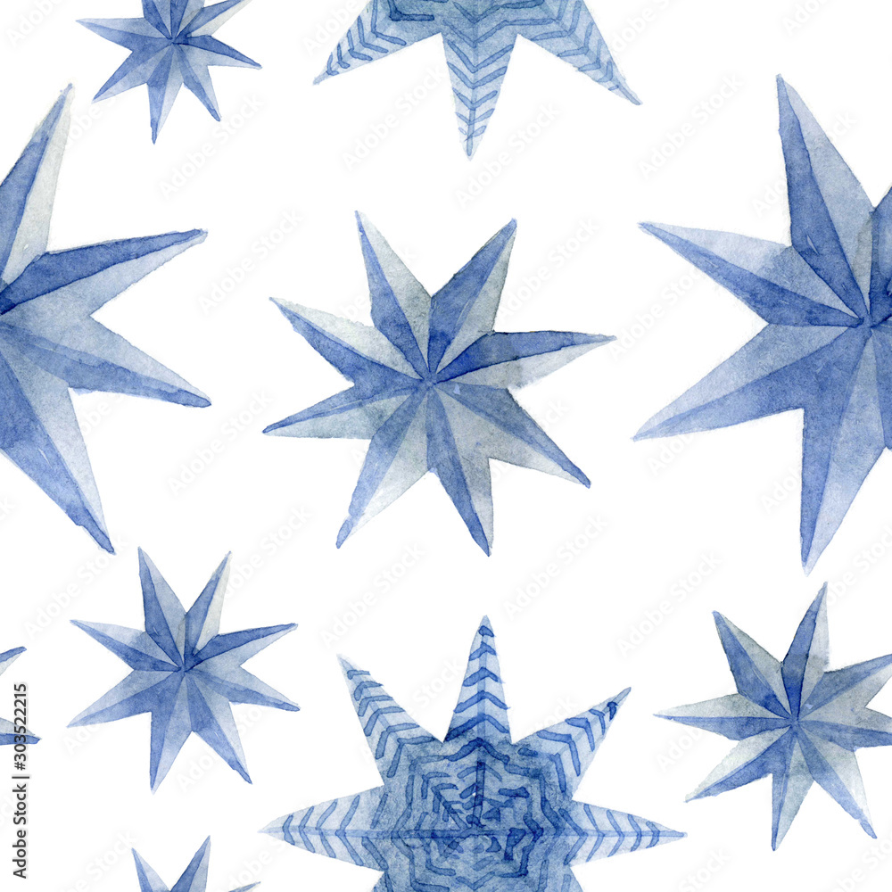 Obraz premium Watercolor pattern of Christmas blue stars decoration elements. Hand-drawn illustration on the white background