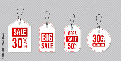 Set of sale tags and labels, template shopping labels. Blank, discount and price tags on paper. Special offer. Vintage. Vector illustration.