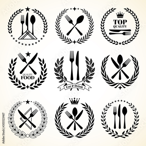 Cutlery sketch. Vintage dinner table silverware set with knife and fork utensils in retro ribbons vector drawing