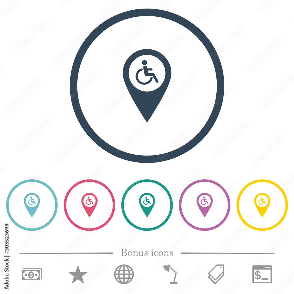 Disability accessibility GPS map location flat color icons in round outlines Disability accessibility GPS map location flat color icons in round outlines