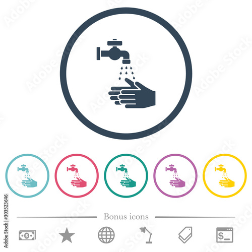 Hand washing flat color icons in round outlines