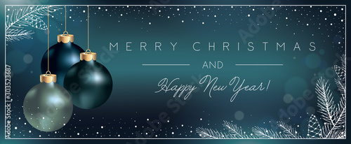 Christmas Blue Background with Xmas Balls decoration and Elegant Greeting Text of Winter Holidays