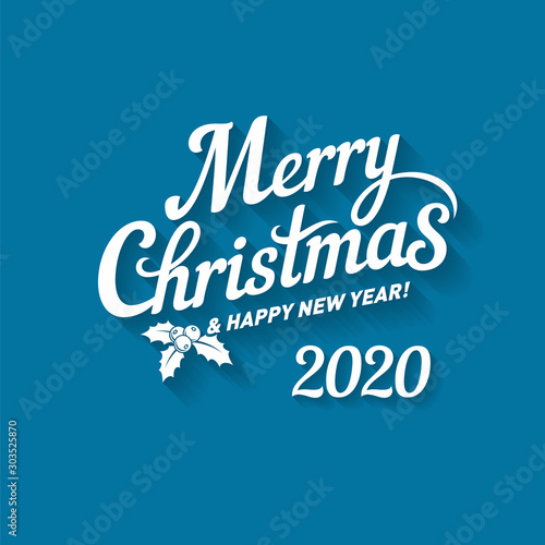 Merry Christmas Lettering for Invitation and Greeting Card Twenty Twenty. Hand Drawn Inscription, Calligraphic Design on Blue Background