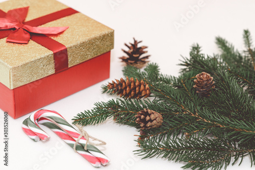 Christmas concept, gifts box, branches,fir cones and candy canes against a white background.