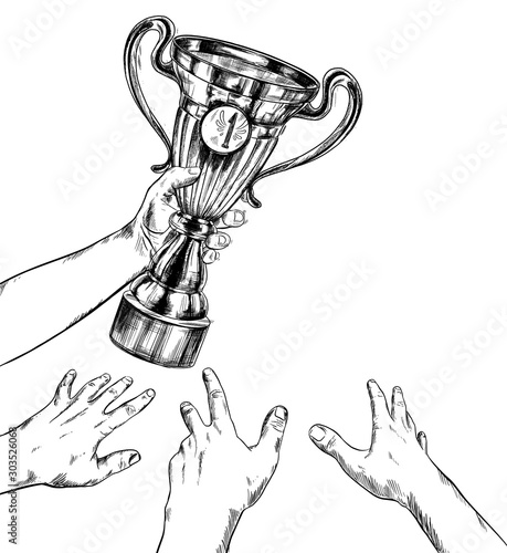 Hands stretching to hand, holding a sport cup