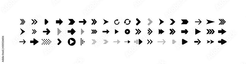 Arrows collection. Big set of Arrows Vector Icons, isolated on white background. Arrow different shapes in modern simple flat style for web design. Vector <span>plik: #303526656 | autor: smile3377</span>