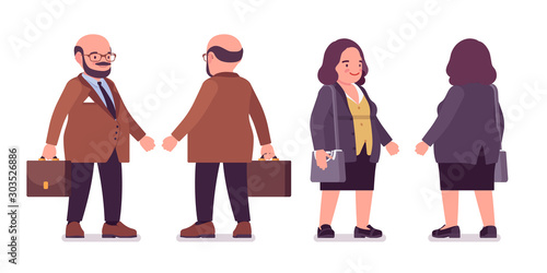 Chubby heavy man and curvy woman with belly standing. Overweight and fat body shape, round kind civil service worker. Big people fashion, plus size formal wear. Vector flat style cartoon illustration