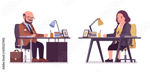 Chubby heavy man and curvy woman working in the office. Overweight, fat body shape, round kind civil service worker. Big people fashion, plus size formal wear. Vector flat style cartoon illustration