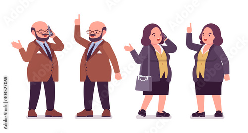Chubby heavy man and curvy woman with belly standing. Overweight and fat body shape, round kind civil service worker. Big people fashion, plus size formal wear. Vector flat style cartoon illustration