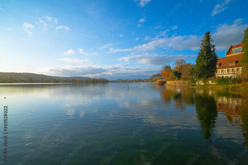 On Lake Constance in autumn. Near the castle Oberstaad. whose tower is about 800 years old. On the horizon begins at the Swiss town of Stein am Rhein, the Rhine River its way out of Lake Constance. On Lake Constance in autumn. Near the castle Oberstaad. whose tower is about 800 years old. On the horizon begins at the Swiss town of Stein am Rhein, the Rhine River its way out of Lake Constance.